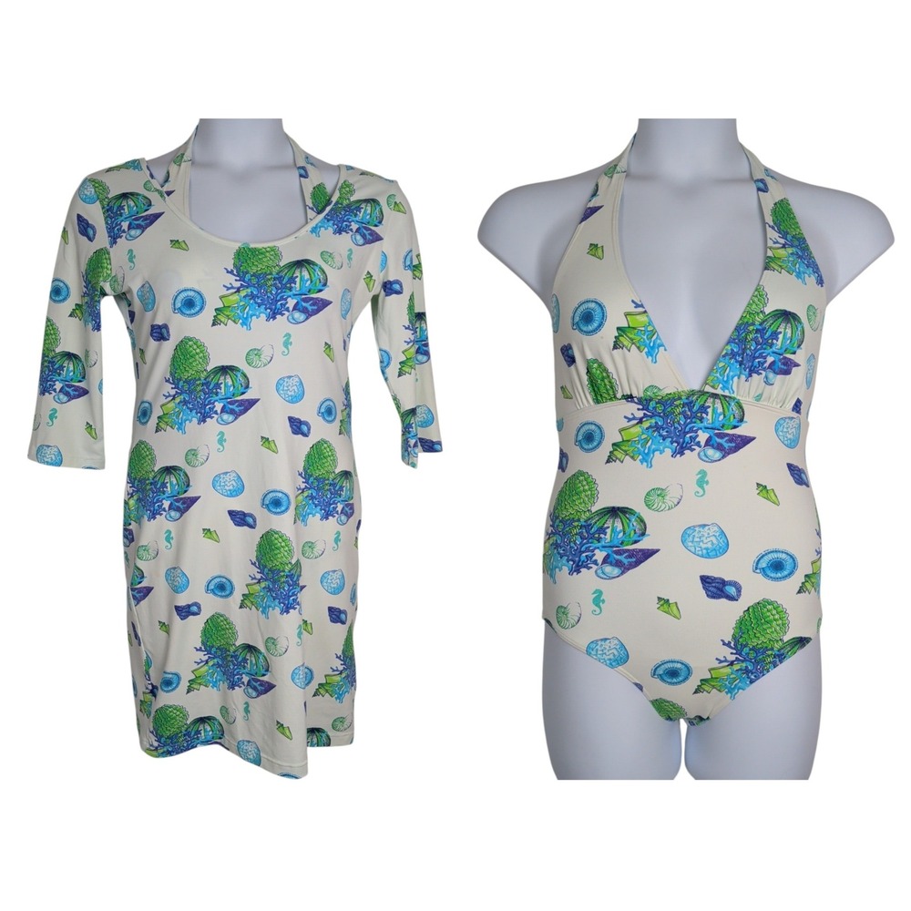 Manuel Canovas Nautical Seashell Swimsuit and Cover Up Set Blue Green White